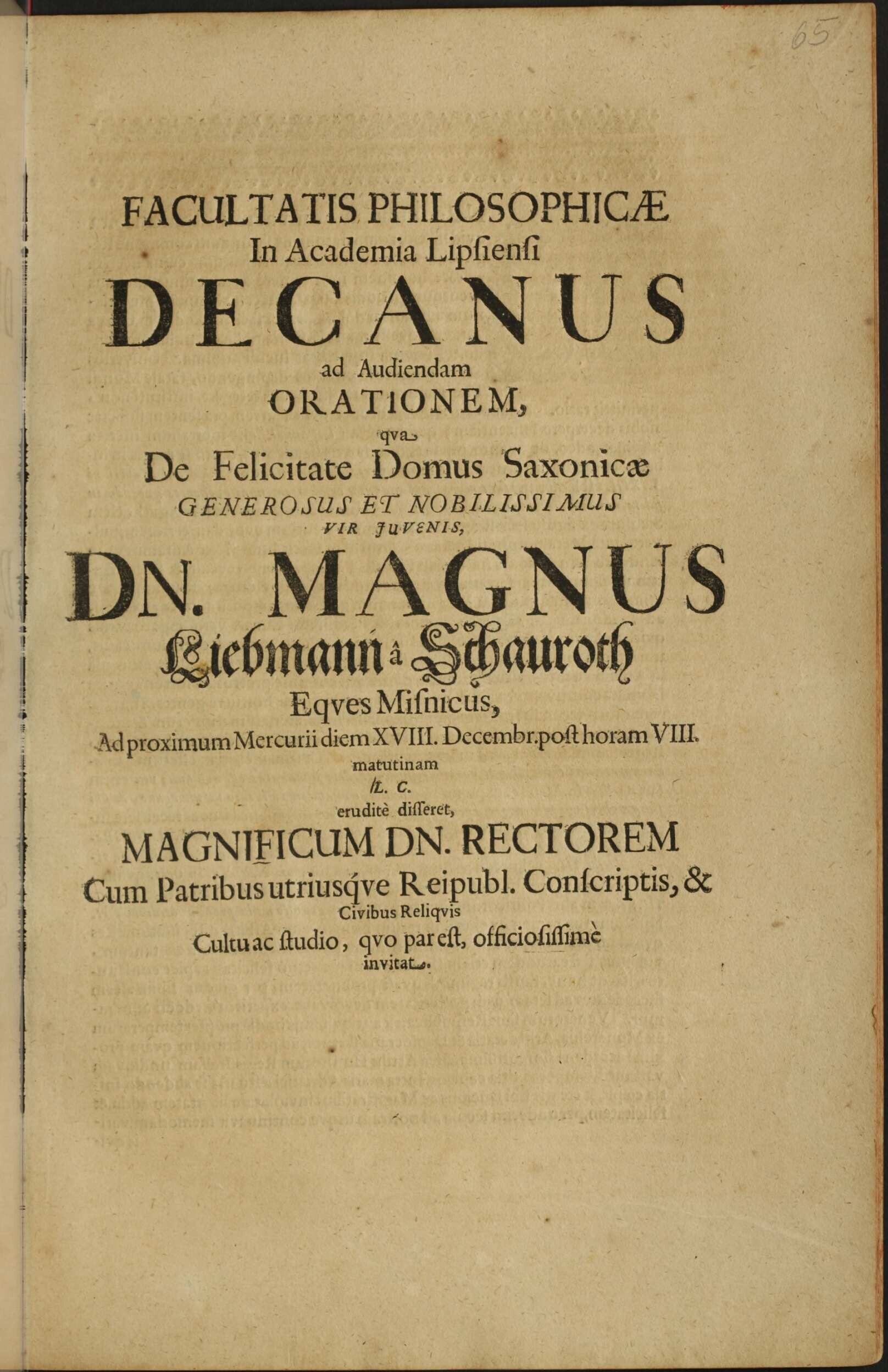 Facultatis Philosophicae In Academia Lipsiensi Decanus ad Audiendam ...