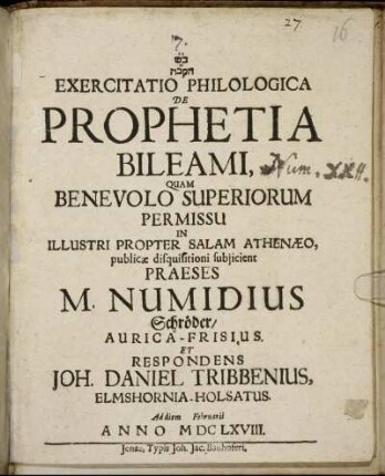 Exercitatio Philologica De Prophetia Bileami
