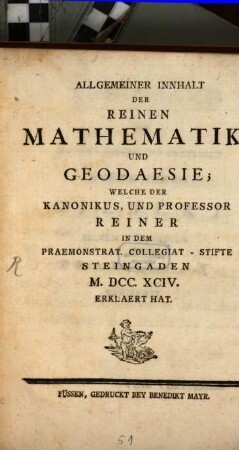 Allgemeiner Innhalt Der Reinen Mathematik und Geodaesie