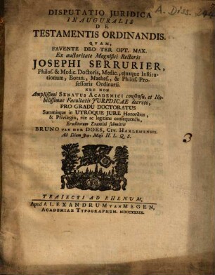 Disputatio iuridica inauguralis de testamentis ordinandis