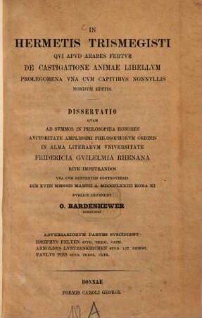 In Hermetis Trismegisti qui apud Arabes fertur de castigatione animae libellum prolegomena