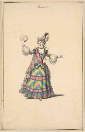 Kostümentwurf: Dame in böhmischem Kostüm mit Tambourin - "Boemienne"