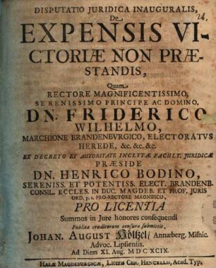 Disp. iur. inaug. de expensis victoriae non praestandis