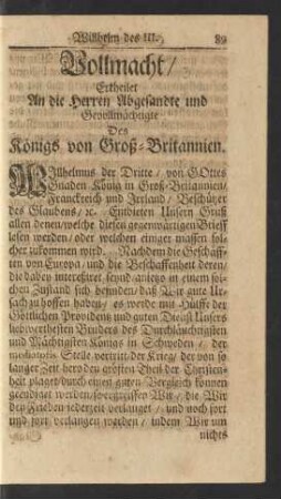 Vollmacht/ Ertheilet An die Herren Abgesandte und Gevollmächtigte Des Königs von Groß-Britannien.