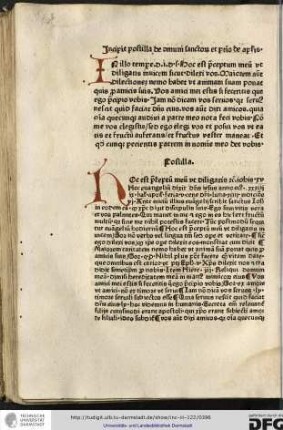 Postilla. Hoc est... Iohis xv... Ante initium illius evangelii scribit sanctus Iohannes in eodem capitulo quod Christus dixit discipulis suis Ego sum vitis...