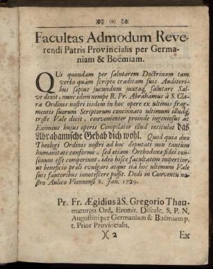 Facultas Admodum Reverendi Patris Provincialis per Germaniam & Boëmiam.