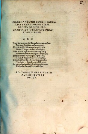 Marci Antonii Coccii Sabellici Exemplorvm Libri Decem : Ordine Elegantia Et Vtilitate Praestantissimi