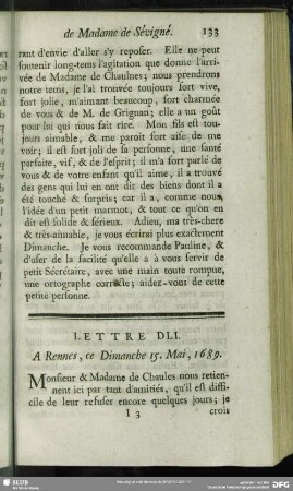 Lettre DLI. A Rennes, ce Dimanche 15. Mai, 1689
