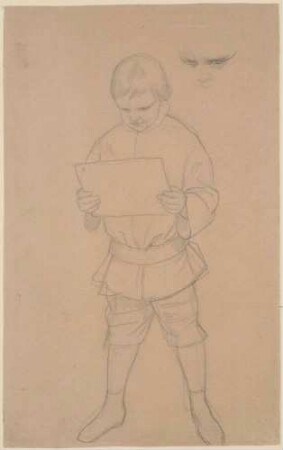 Des Künstlers Sohn Alphons als Knabe, Ganzfigur stehend von vorn mit einem Blatt in der Hand, dazu Detailskizze der Augenpartie