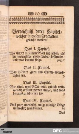 Verzeichniß derer Capitel, welcher in diesem Tractätlein gedacht worden.
