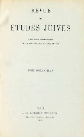 tome 60e: Revue des études juives