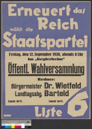 Plakat zu einer öffentlichen Wahlversammlung der Deutschen Staatspartei (DStP) am 12. September 1930 in Braunschweig