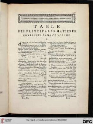 Table des principales matières contenues danc ce volume