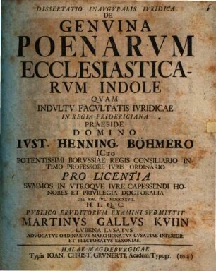 Dissertatio Inavgvralis Ivridica De Genvina Poenarvm Ecclesiasticarvm Indole