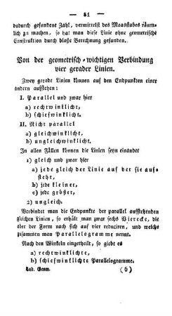 Von der geometrischen-wichtigen Verbindung vier gerader Linien.