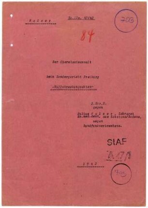 Angeklagter: Walser, Dr. Julius (Zahnarzt); Radolfzell *15.12.1894 in Konstanz; + ? Delikt: Rundfunkverbrechen Tatort: Radolfzell Tatzeit: Oktober 1940-Februar 1941