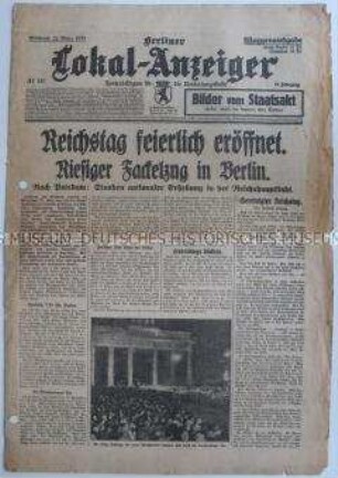 Tageszeitung "Berliner Lokal-Anzeiger" zur Eröffnung des provisorischen Reichstages ("Tag von Potsdam")