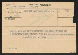 Brief von Käthe Kollwitz an Gerhart Hauptmann