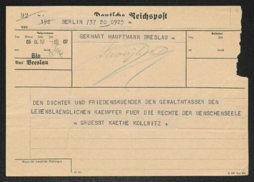 Brief von Käthe Kollwitz an Gerhart Hauptmann