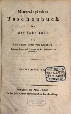 Taschenbuch für die gesammte Mineralogie mit Hinsicht auf die neuesten Entdeckungen : für das Jahr ..., 14. 1820, 2