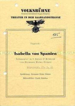 Programm der Volksbühne des Schauspiels "Isabella von Spanien" von Hermann Heinz Ortner