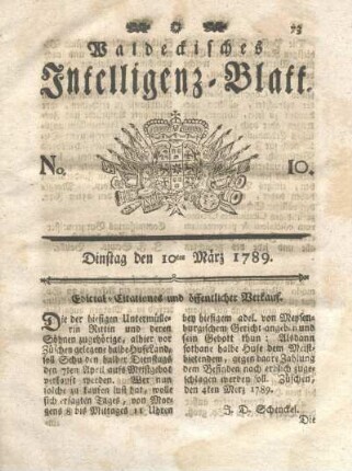 No. 10, Dinstag den 10ten März 1789