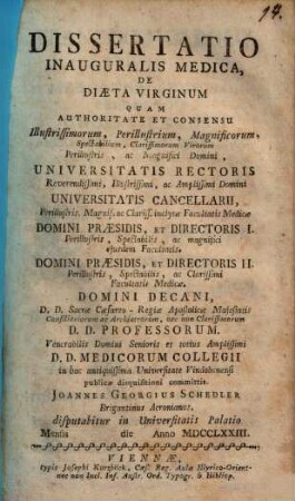 Dissertatio Inauguralis Medica, De Diaeta Virginum