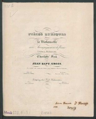 Pièces Lyriques Pour le Violoncelle avec Accompagnement de Piano : Oeuv. 26. ; On a ajouté une partie de Violon pour remplacer celui de Violoncelle.