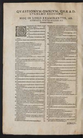 Quaestionum Omnium, Quae Ad Gulielmo Redoano Hoc in Libro Examinantur, Argumenta, Iuxta Recens Restitutum ordinem