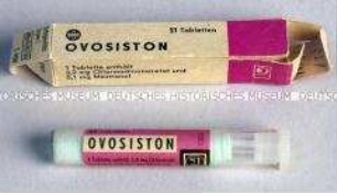 Antibabypille in Glasröhrchen und Originalschachtel mit Beipackzettel "Ovosiston"