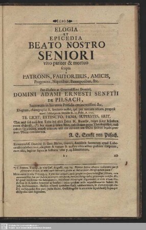 ELOGIA ET EPICEDIA BEATO NOSTRO SENIORI vivo pariter & mortuo