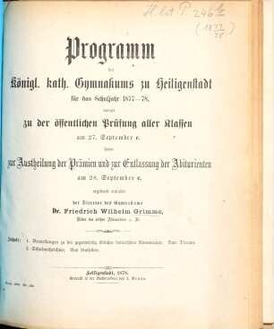 Programm des Königl. Kath. Gymnasiums zu Heiligenstadt : für das Jahr ..., 1877/78