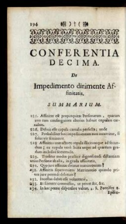 Conferentia Decima. De Impedimento dirimente Affinitatis