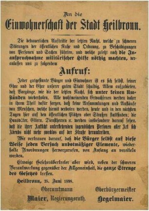 Aufruf "An die Einwohnerschaft der Stadt Heilbronn" anlässlich der Unruhen bei der Reichstagswahl