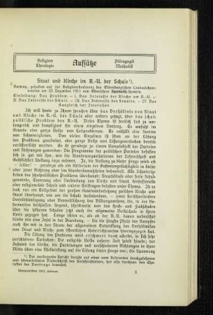 Staat und Kirche im R.-U. der Schule : Vortrag, gehalten auf der Religionskonferenz des Oldenburgischen Landeslehrervereins am 23. Dezember 1911