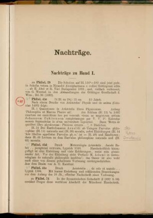 Nachträge zu Band I. [Cod. Ms. philol. 29 - Cod. Ms. philol. 258; Cod. Ms. hist. lit. 14 - Cod. Ms. hist. lit. 116; Cod. Ms. philos. 21 - 4° Cod. Ms. philos. 196; Cod. Ms. jurid. 1 - Cod. Ms. jurid. 806]