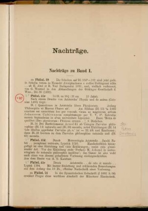 Nachträge zu Band I. [Cod. Ms. philol. 29 - Cod. Ms. philol. 258; Cod. Ms. hist. lit. 14 - Cod. Ms. hist. lit. 116; Cod. Ms. philos. 21 - 4° Cod. Ms. philos. 196; Cod. Ms. jurid. 1 - Cod. Ms. jurid. 806]