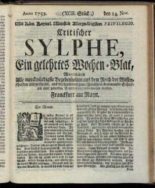 (XCII. Stück.) den 14. Nov. Anno 1752.