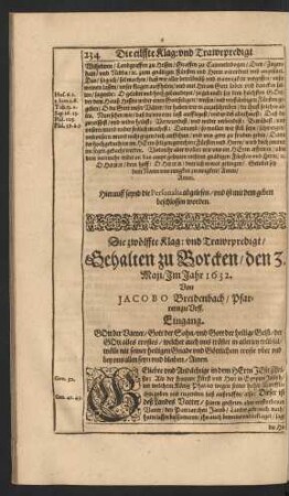 Die zwölffte Klag: und Trawrpredigt/ Gehalten zu Borcken/ den 3. Maji/ Im Jahr 1632. Von Jacobo Breidenbach [...]