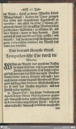 Das drey und sibentziste Stuck. Sympathetische Cur durch die Mumia