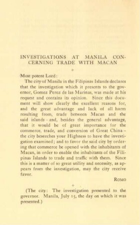 Investigations at Manila concerning trade with Macan
