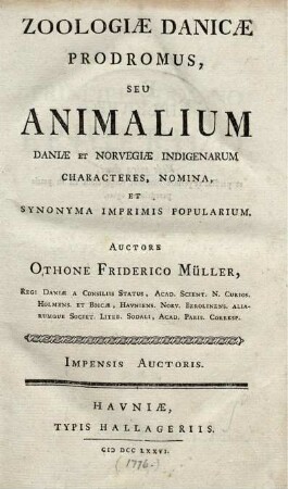 Zoologiae Danicae prodromus, seu animalium Daniae et Norvegiae indigenarum characteres, nomina, et synona imprimis popularium