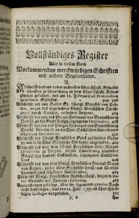 Vollständiges Register Aller in diesem Band Vorkommenden merckwürdigen Schrifften und andern Begebenheiten.