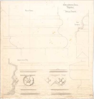 Voit, August von; Weißenhorn; Pfarrkirche - Hauptportal - Säulenbasis, Profil der Pfeilerabfassung u. Gurtgesims unter dem Relief (Details)