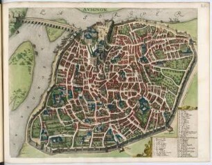 Vogelschaubild von Avignon, kolorierter Kupferstich, um 1682 : Avignon. - [Ca. 1:3.500]. - [Amsterdam] : [Bÿ d' Erfsgenamen van Joannes Janssonius van Waesberge], [1682]. - 1 Vogelschaubild. : Kupferstich. ; 51 x 40 cm +++ Mit Gebäudeverz.