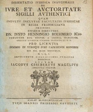 Dissertatio Ivridica Inavgvralis De Ivre Et Avctoritate Sigilli Avthentici