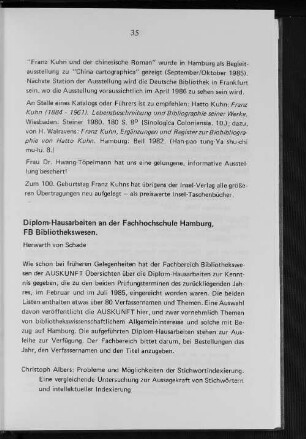 Diplom-Hausarbeiten an der Fachhochschule Hamburg, FB Bibliothekswesen.