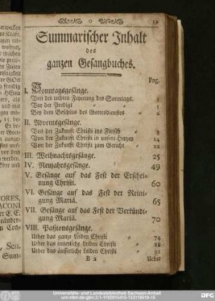 Summarischer Inhalt des ganzen Gesangbuches.