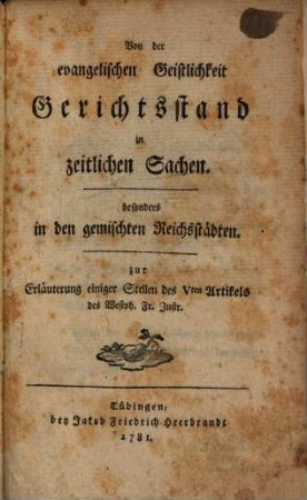 Von der evangelischen Geistlichkeit Gerichtsstand in zeitlichen Sachen ...