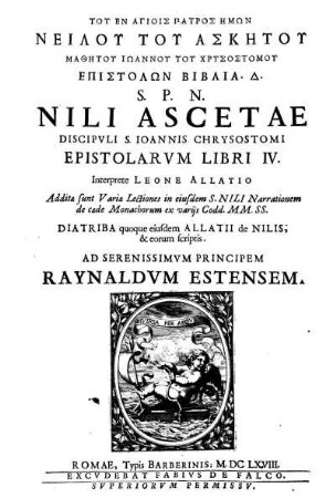 Tu en hagiois patros hēmōn Neilu tu Askētu mathētu Iōannu tu Chrysostomu epistolōn biblia 4
